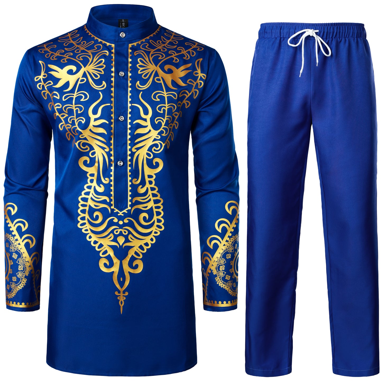LucMatton Men's African 2 Piece Set Long Sleeve Gold Print Dashiki and Pants Outfit Traditional Suit