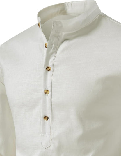LucMatton Men's Cotton Retro Style Roll-up Long Sleeve Shirt, Slim Fit, Henley Tops, Solid, S,M,L,XL