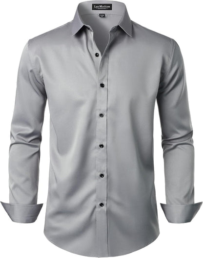 LucMatton Men's Dress Shirt Formal Stretch Wrinkle-Free Long Sleeve Slim Fit Button Down Shirts for Wedding Party