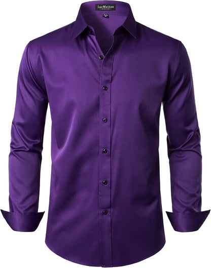 LucMatton Men's Dress Shirt Formal Stretch Wrinkle-Free Long Sleeve Slim Fit Button Down Shirts for Wedding Party