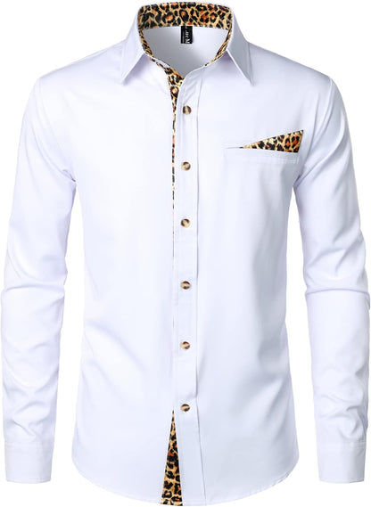 LucMatton Men's Hipster Long Sleeve Button Down Leopard Print Shirts for Club Rock Party