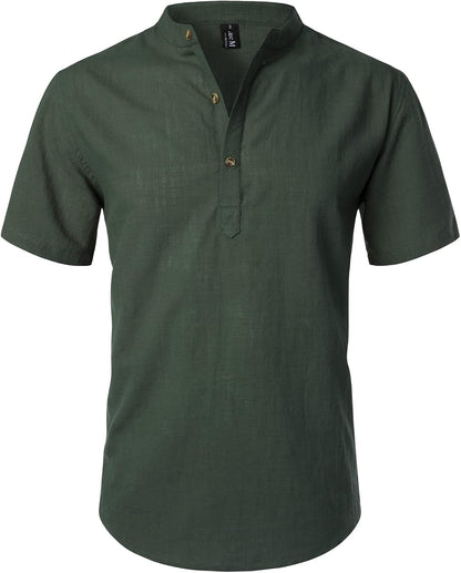 LucMatton Men's Casual Cotton Linen Short Sleeve Henley Shirt Summer Lightweight Banded Collar Beach Tops