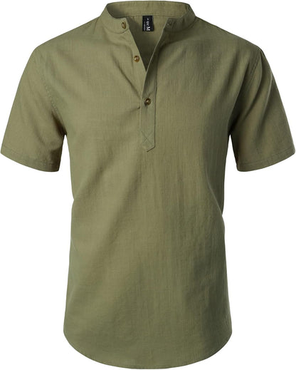 LucMatton Men's Casual Cotton Linen Short Sleeve Henley Shirt Summer Lightweight Banded Collar Beach Tops
