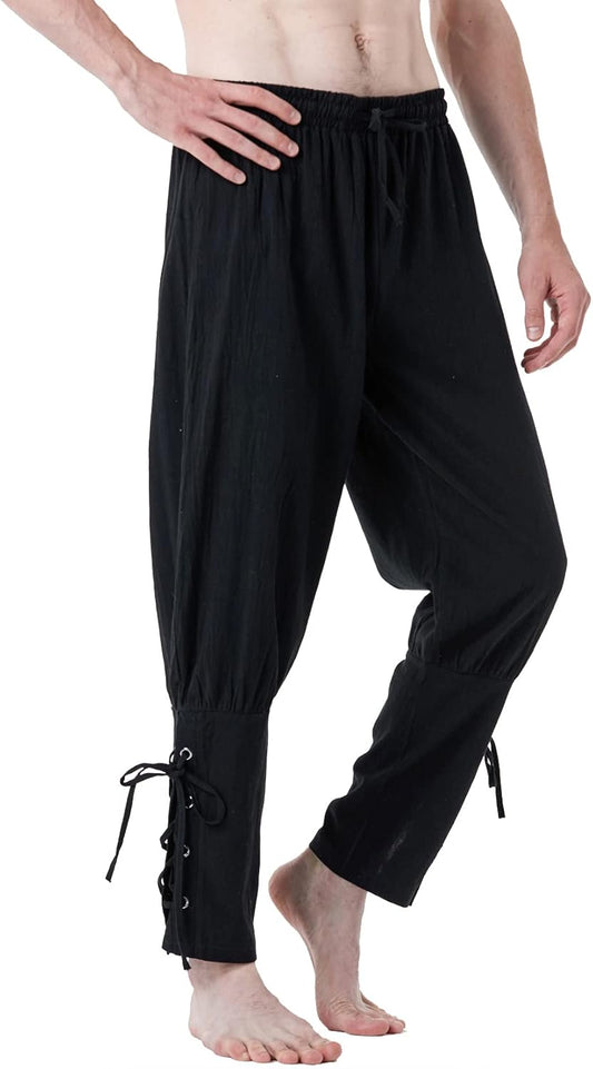 LucMatton Men's Cotton Retro Ankle Banded Pants for Halloween Cosplay Renaissance Medieval Viking Pirate Costume