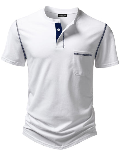 LucMatton Men's Sporty Casual Henley Shirt Short Sleeve Slim Fit Contrast Stitching T-Shirt with Pocket