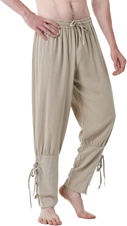 LucMatton Men's Cotton Retro Ankle Banded Pants for Halloween Cosplay Renaissance Medieval Viking Pirate Costume