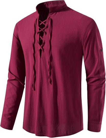 LucMatton Men Classic Lace Up Cotton Shirt Medieval Vintage Costume …