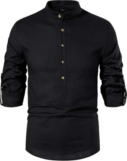 LucMatton Men's Cotton Retro Style Roll-up Long Sleeve Shirt, Slim Fit, Henley Tops, Solid, S,M,L,XL