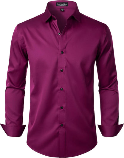 LucMatton Men's Dress Shirt Formal Stretch Wrinkle-Free Long Sleeve Slim Fit Button Down Shirts for Wedding Party