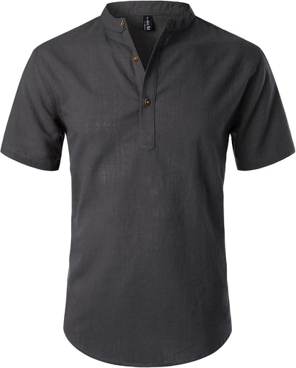 LucMatton Men's Casual Cotton Linen Short Sleeve Henley Shirt Summer Lightweight Banded Collar Beach Tops