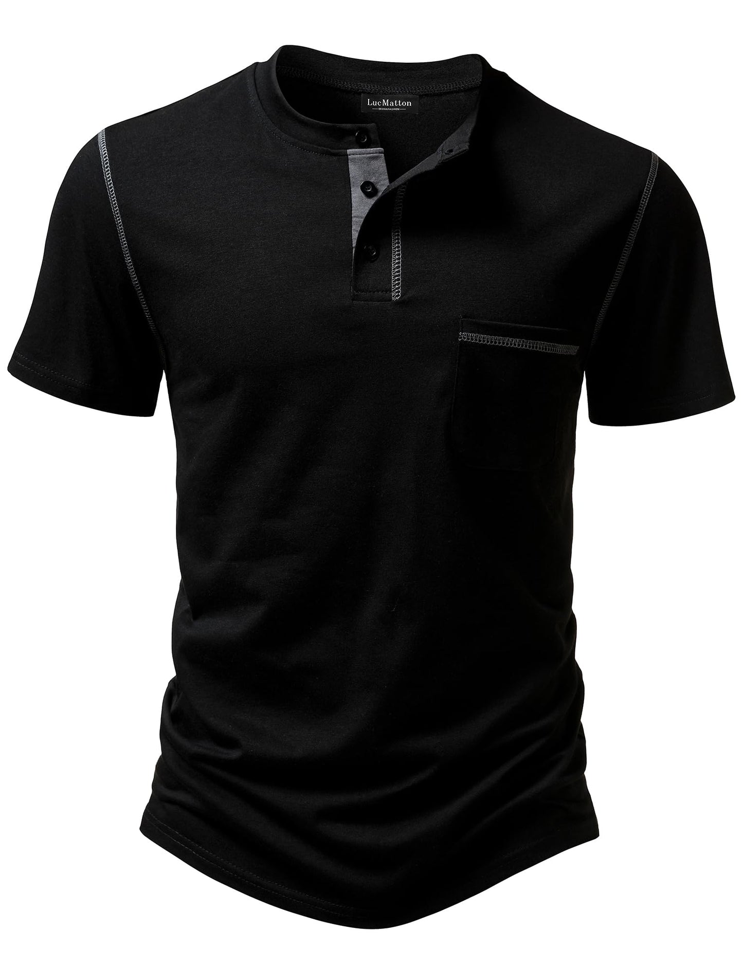 LucMatton Men's Sporty Casual Henley Shirt Short Sleeve Slim Fit Contrast Stitching T-Shirt with Pocket