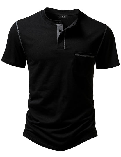 LucMatton Men's Sporty Casual Henley Shirt Short Sleeve Slim Fit Contrast Stitching T-Shirt with Pocket