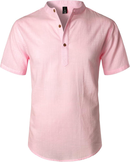 LucMatton Men's Casual Cotton Linen Short Sleeve Henley Shirt Summer Lightweight Banded Collar Beach Tops