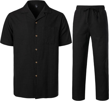 LucMatton Men's 2 Piece Casual Linen Outfits Summer Cuban Collar Walking Suits for Beach Vacation