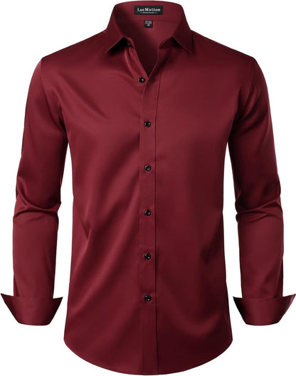 LucMatton Men's Dress Shirt Formal Stretch Wrinkle-Free Long Sleeve Slim Fit Button Down Shirts for Wedding Party