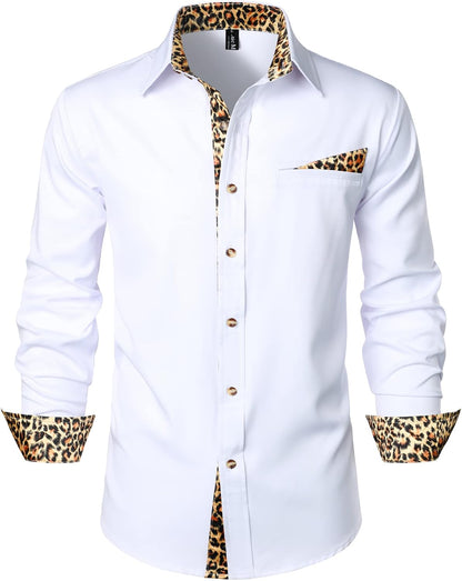 LucMatton Men's Hipster Long Sleeve Button Down Leopard Print Shirts for Club Rock Party