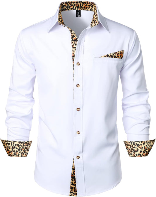 LucMatton Men's Hipster Long Sleeve Button Down Leopard Print Shirts for Club Rock Party