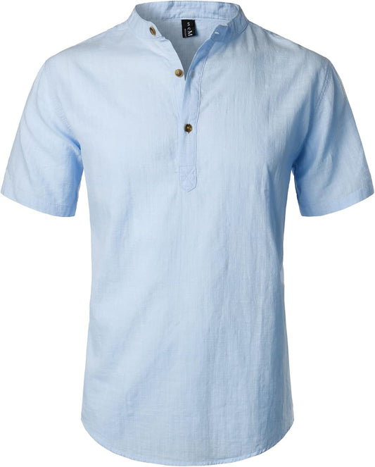 LucMatton Men's Casual Cotton Linen Short Sleeve Henley Shirt Summer Lightweight Banded Collar Beach Tops