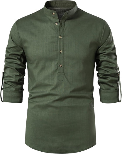 LucMatton Men's Cotton Retro Style Roll-up Long Sleeve Shirt, Slim Fit, Henley Tops, Solid, S,M,L,XL
