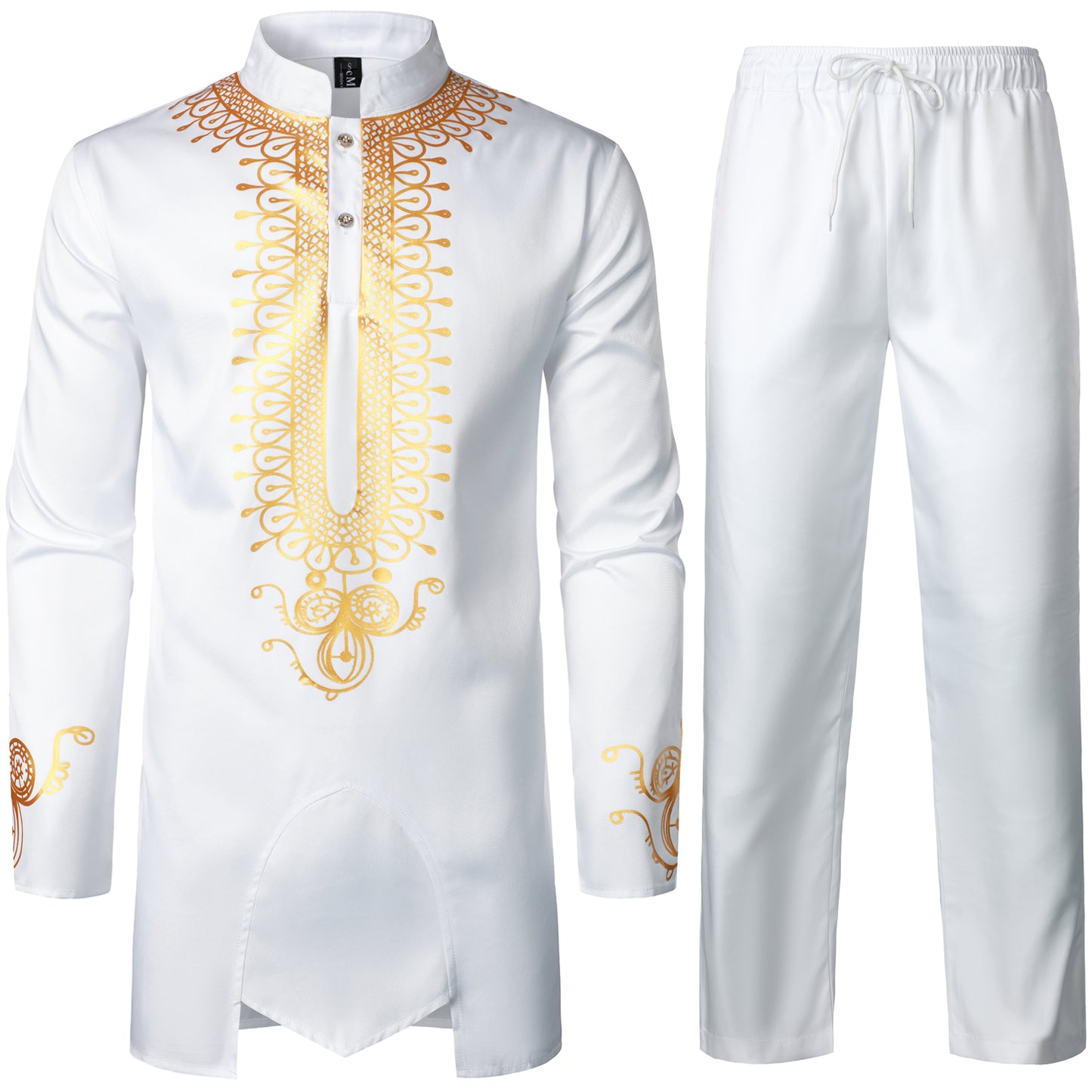 LucMatton Men's African 2 Piece Set Long Sleeve Gold Print Dashiki and Pants Outfit Traditional Suit