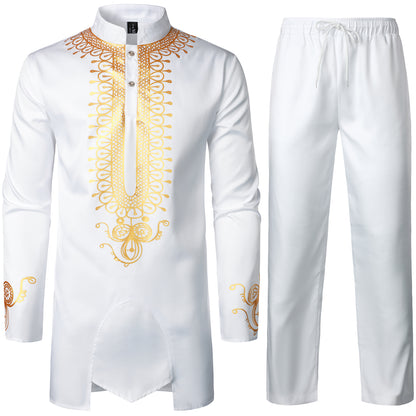 LucMatton Men's African 2 Piece Set Long Sleeve Gold Print Dashiki and Pants Outfit Traditional Suit