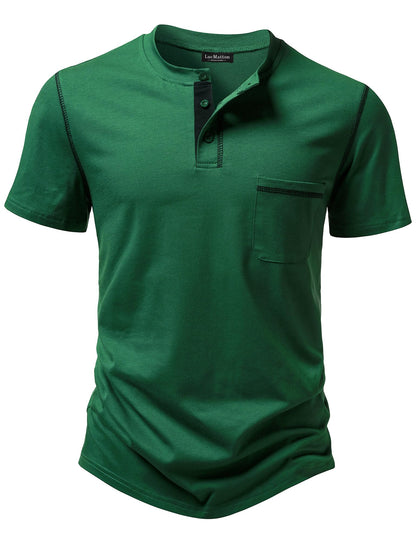 LucMatton Men's Sporty Casual Henley Shirt Short Sleeve Slim Fit Contrast Stitching T-Shirt with Pocket