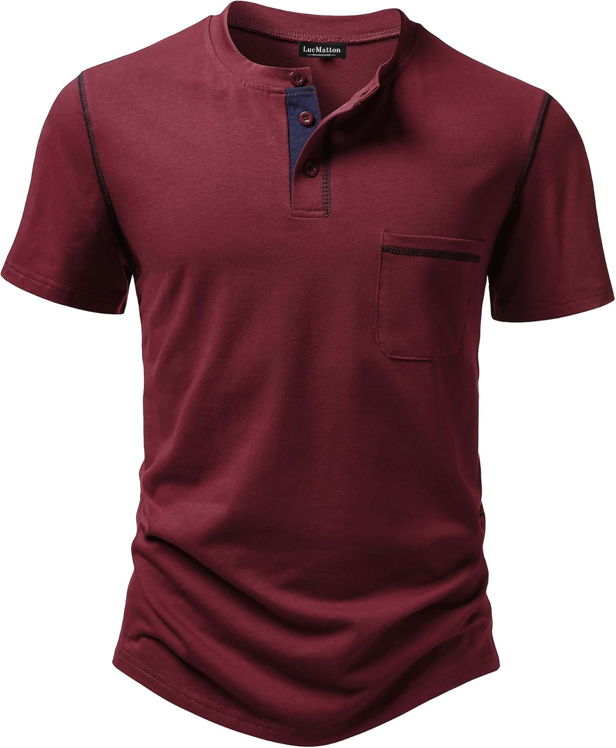 LucMatton Men's Sporty Casual Henley Shirt Short Sleeve Slim Fit Contrast Stitching T-Shirt with Pocket