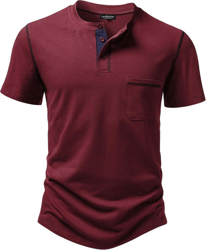 LucMatton Men's Sporty Casual Henley Shirt Short Sleeve Slim Fit Contrast Stitching T-Shirt with Pocket