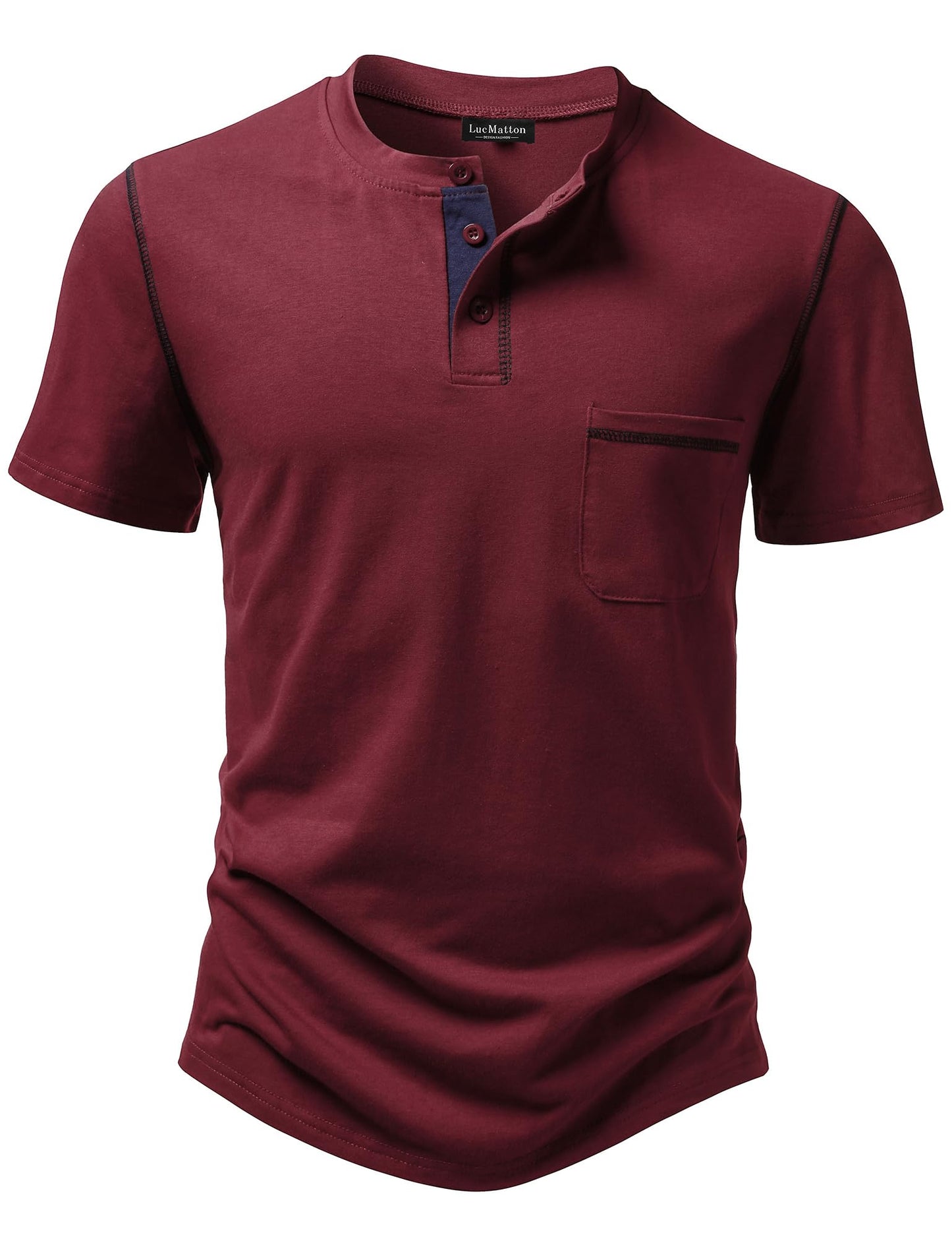 LucMatton Men's Sporty Casual Henley Shirt Short Sleeve Slim Fit Contrast Stitching T-Shirt with Pocket