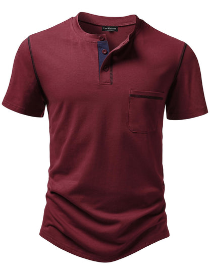 LucMatton Men's Sporty Casual Henley Shirt Short Sleeve Slim Fit Contrast Stitching T-Shirt with Pocket