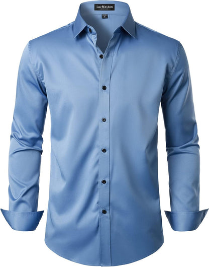 LucMatton Men's Dress Shirt Formal Stretch Wrinkle-Free Long Sleeve Slim Fit Button Down Shirts for Wedding Party