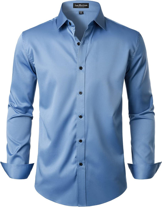 LucMatton Men's Dress Shirt Formal Stretch Wrinkle-Free Long Sleeve Slim Fit Button Down Shirts for Wedding Party