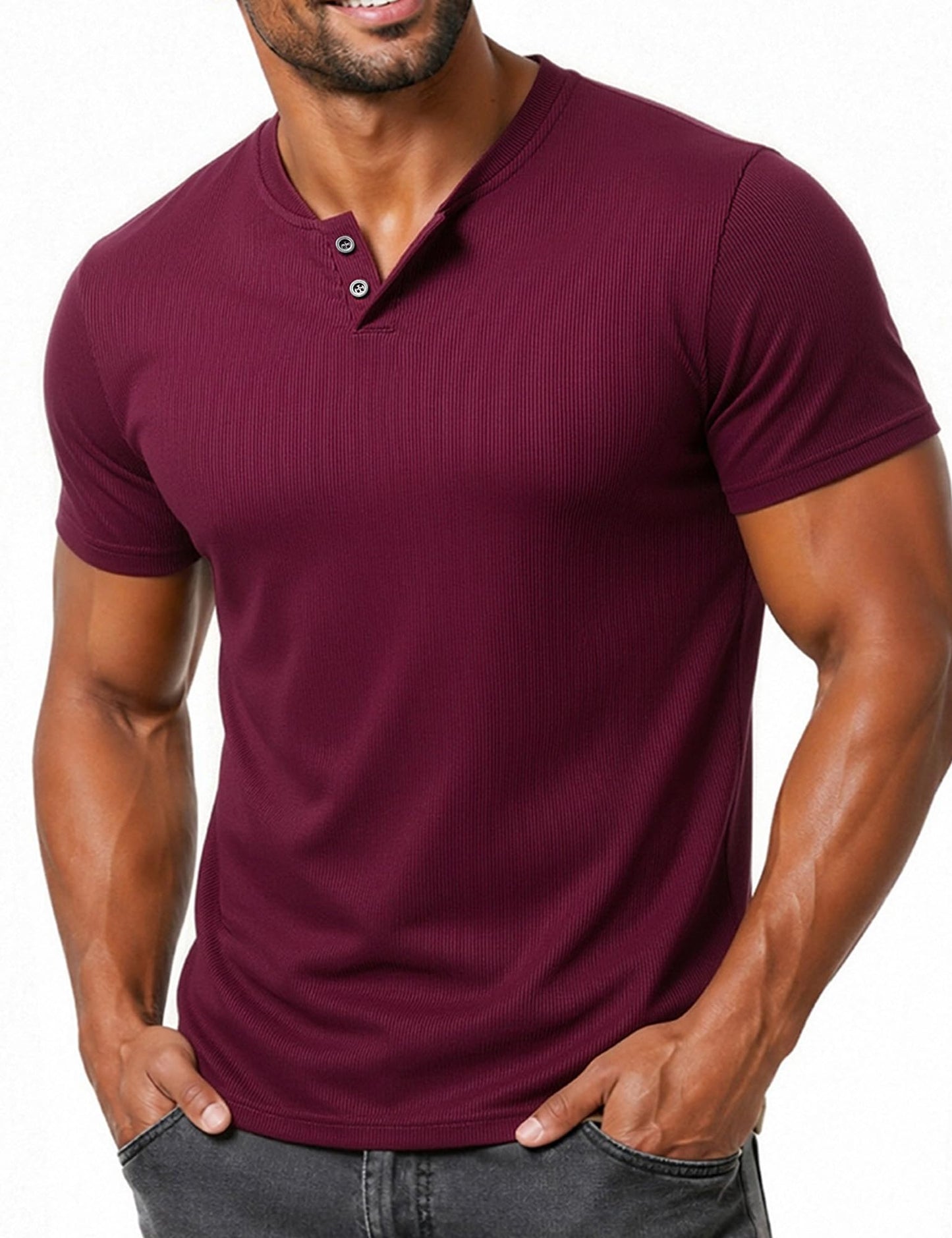 LucMatton Men's Fitted Stretch Short Sleeve Henley Shirt Gym Athletic V Neck Casual T-Shirt