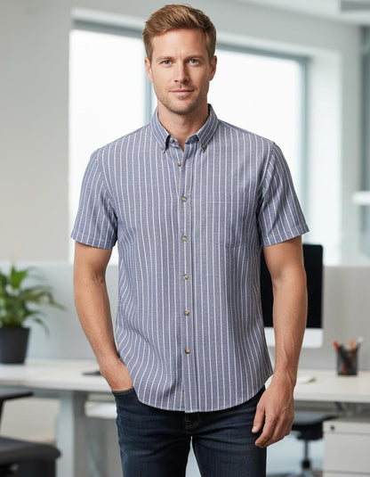LucMatton Men's Classic Striped Short Sleeve Button Down Shirt Linen-Like Regular Fit Business Shirt for Summer