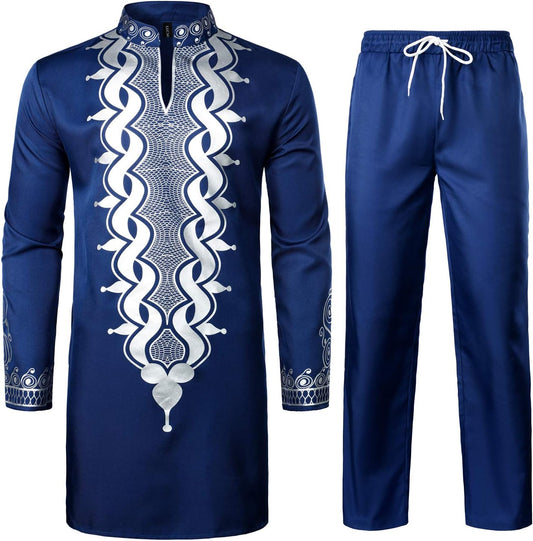 LucMatton Men's African 2 Piece Set Long Sleeve Gold Print Dashiki and Pants Outfit Traditional Suit