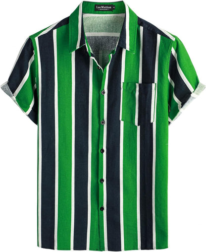 LucMatton Men's Cotton Linen Traditional Pattern Print Short Sleeve Button Down Hawaiian Shirts Black Green