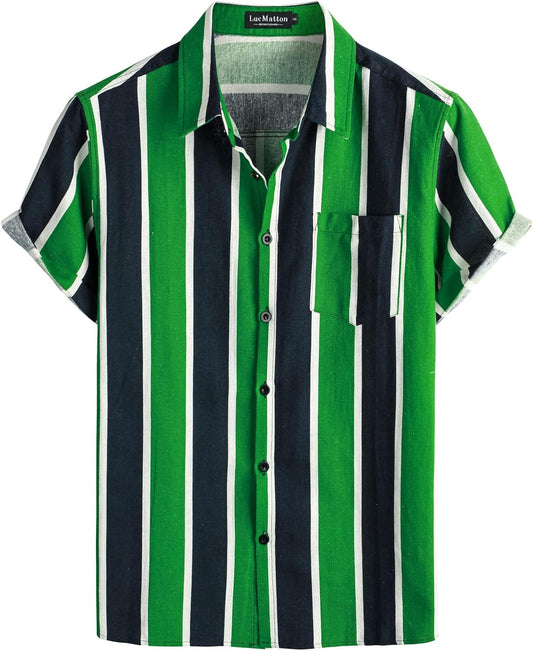 LucMatton Men's Cotton Linen Traditional Pattern Print Short Sleeve Button Down Hawaiian Shirts Black Green
