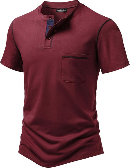 LucMatton Men's Sporty Casual Henley Shirt Short Sleeve Slim Fit Contrast Stitching T-Shirt with Pocket