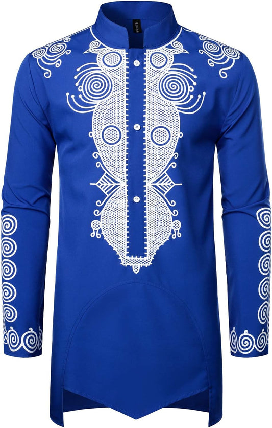 LucMatton Men's Traditional African Long Sleeve Dashiki Shiny Metallic Pattern Printed Party Shirt