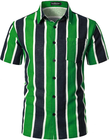 LucMatton Men's Cotton Linen Traditional Pattern Print Short Sleeve Button Down Hawaiian Shirts Black Green
