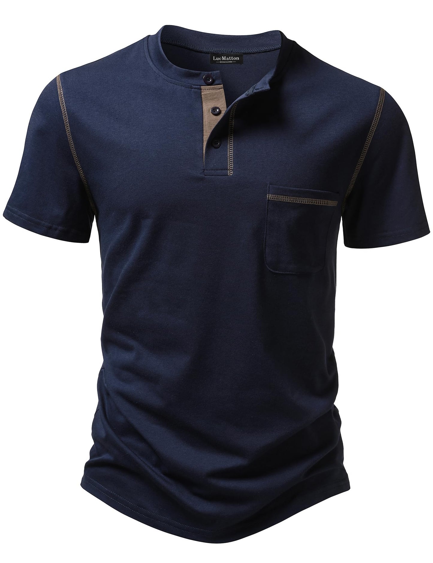 LucMatton Men's Sporty Casual Henley Shirt Short Sleeve Slim Fit Contrast Stitching T-Shirt with Pocket