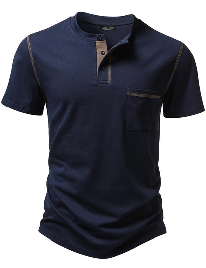LucMatton Men's Sporty Casual Henley Shirt Short Sleeve Slim Fit Contrast Stitching T-Shirt with Pocket