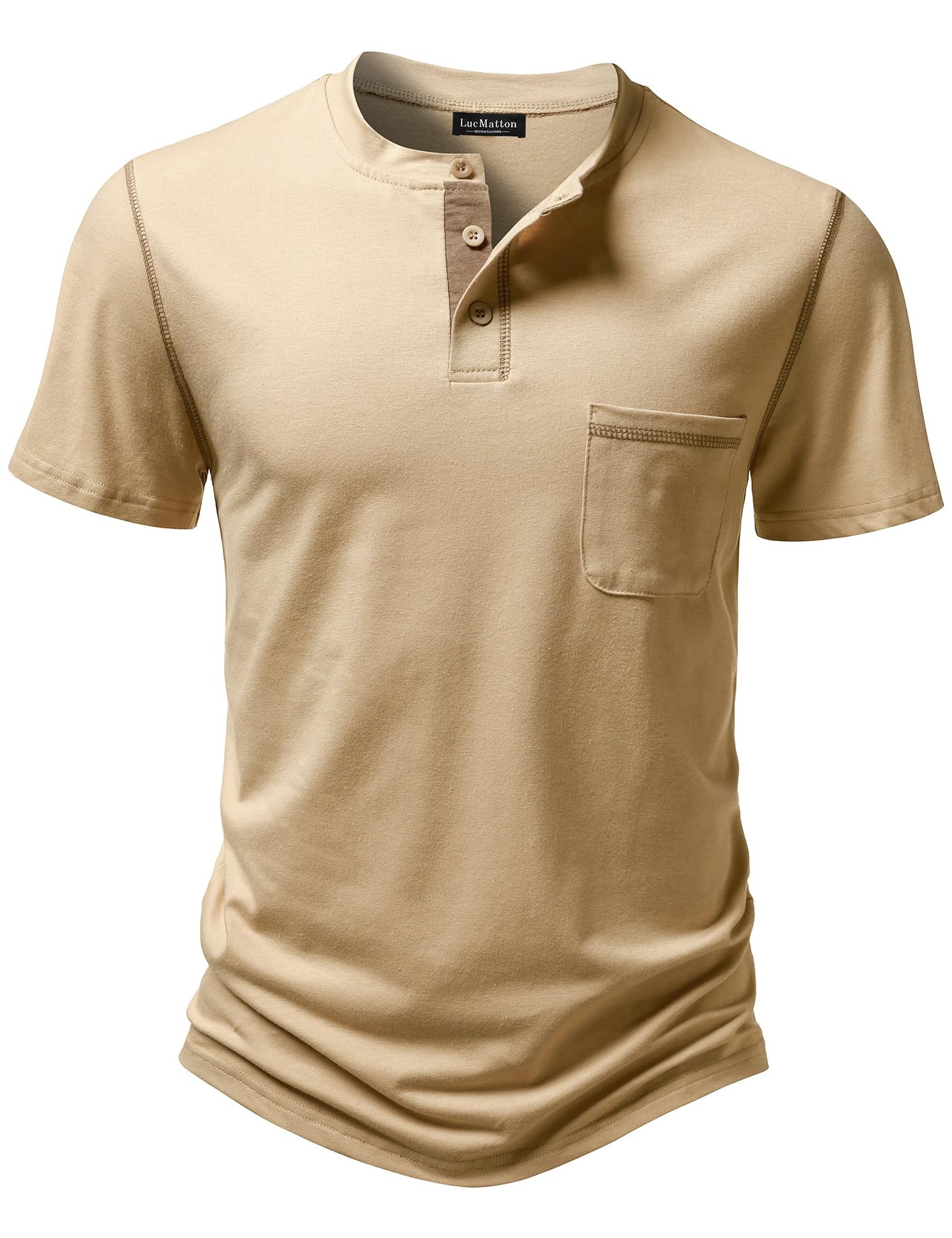 LucMatton Men's Sporty Casual Henley Shirt Short Sleeve Slim Fit Contrast Stitching T-Shirt with Pocket