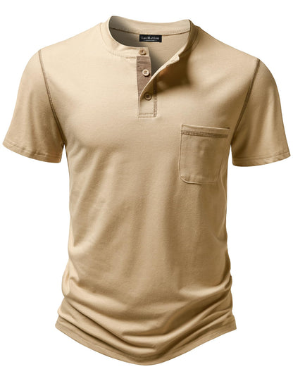 LucMatton Men's Sporty Casual Henley Shirt Short Sleeve Slim Fit Contrast Stitching T-Shirt with Pocket