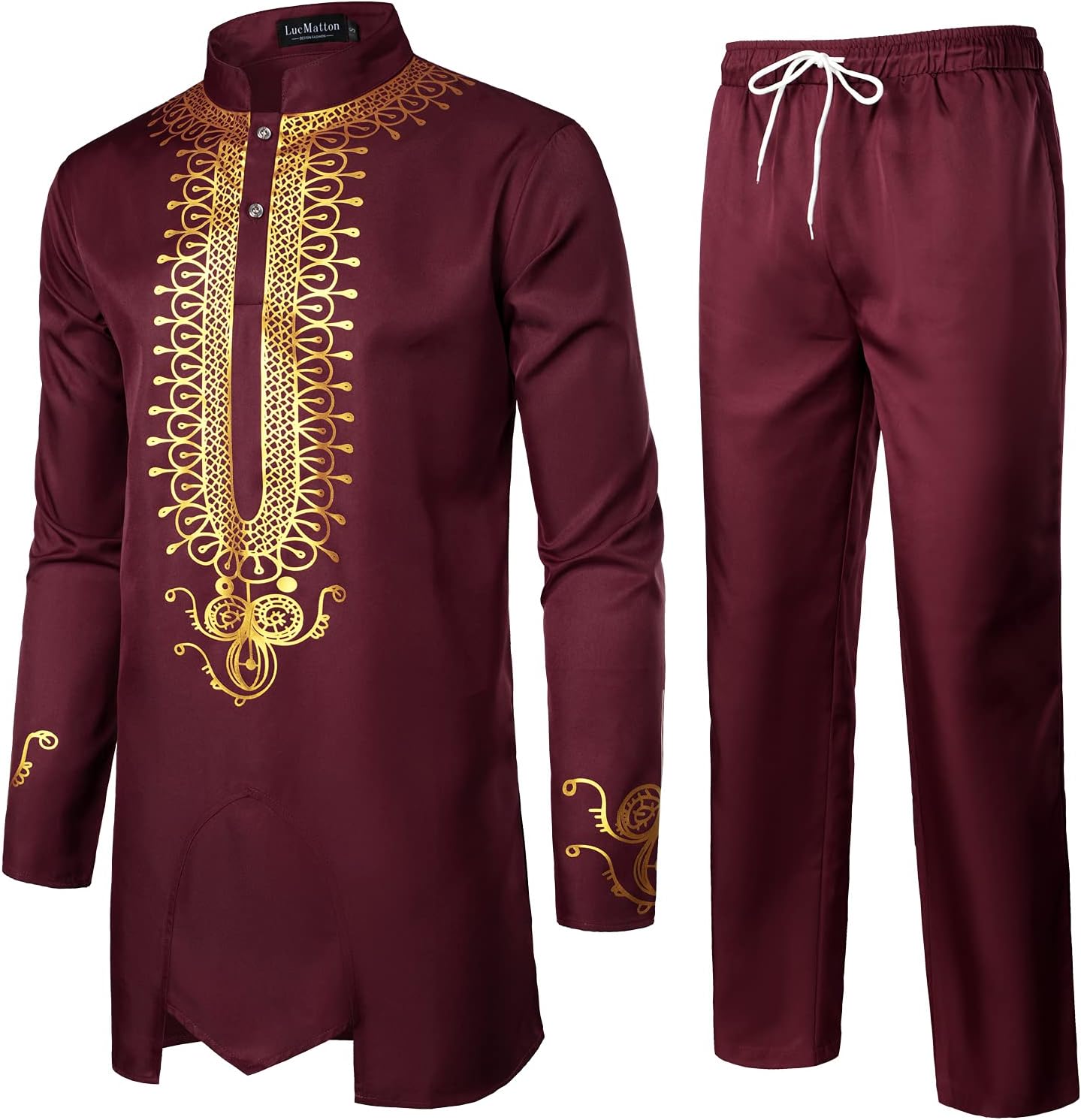 LucMatton Men's African 2 Piece Set Long Sleeve Gold Print Dashiki and Pants Outfit Traditional Suit