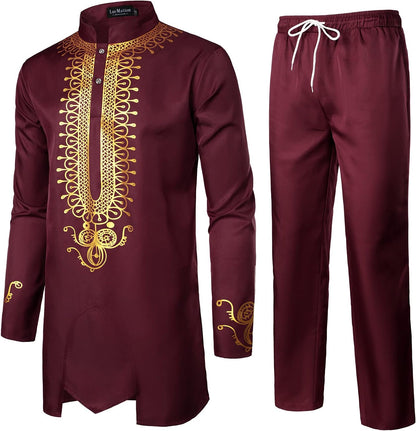 LucMatton Men's African 2 Piece Set Long Sleeve Gold Print Dashiki and Pants Outfit Traditional Suit