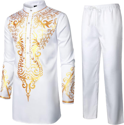 LucMatton Men's African 2 Piece Set Long Sleeve Gold Print Dashiki and Pants Outfit Traditional Suit