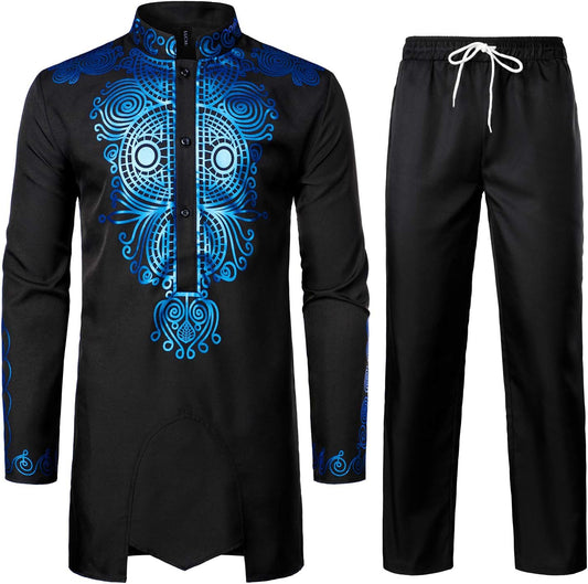 LucMatton Men's African 2 Piece Set Long Sleeve Gold Print Dashiki and Pants Outfit Traditional Suit