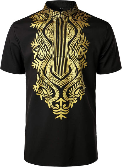 LucMatton Men's African Traditional Printed Dashiki Luxury Hidden Button Short Sleeve Shirt