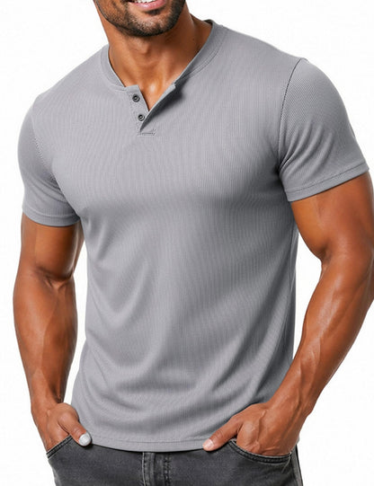 LucMatton Men's Fitted Stretch Short Sleeve Henley Shirt Gym Athletic V Neck Casual T-Shirt